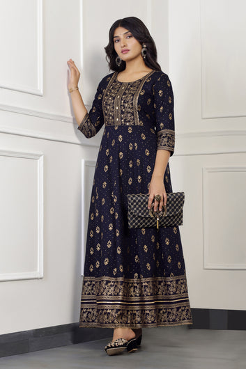 Womens Dark Blue Cotton Floral Printed Anarkali Maxi Length Kurta