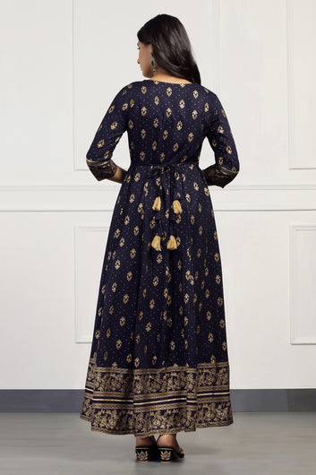 Womens Dark Blue Cotton Floral Printed Anarkali Maxi Length Kurta