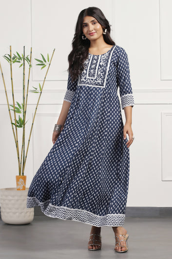 Womens Blue Cotton Floral Printed Anarkali Maxi Length Kurta