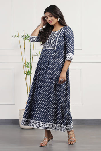 Womens Blue Cotton Floral Printed Anarkali Maxi Length Kurta