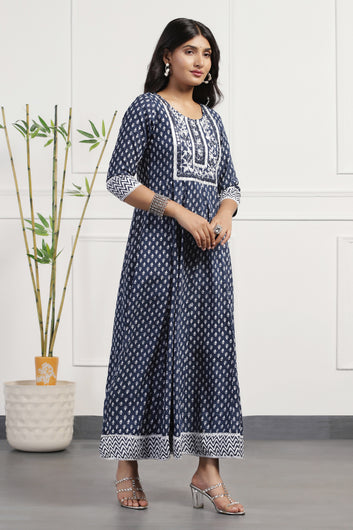 Womens Blue Cotton Floral Printed Anarkali Maxi Length Kurta