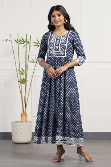 Womens Blue Cotton Floral Printed Anarkali Maxi Length Kurta