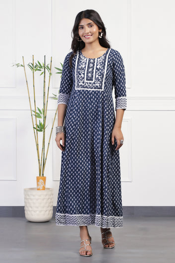 Womens Blue Cotton Floral Printed Anarkali Maxi Length Kurta