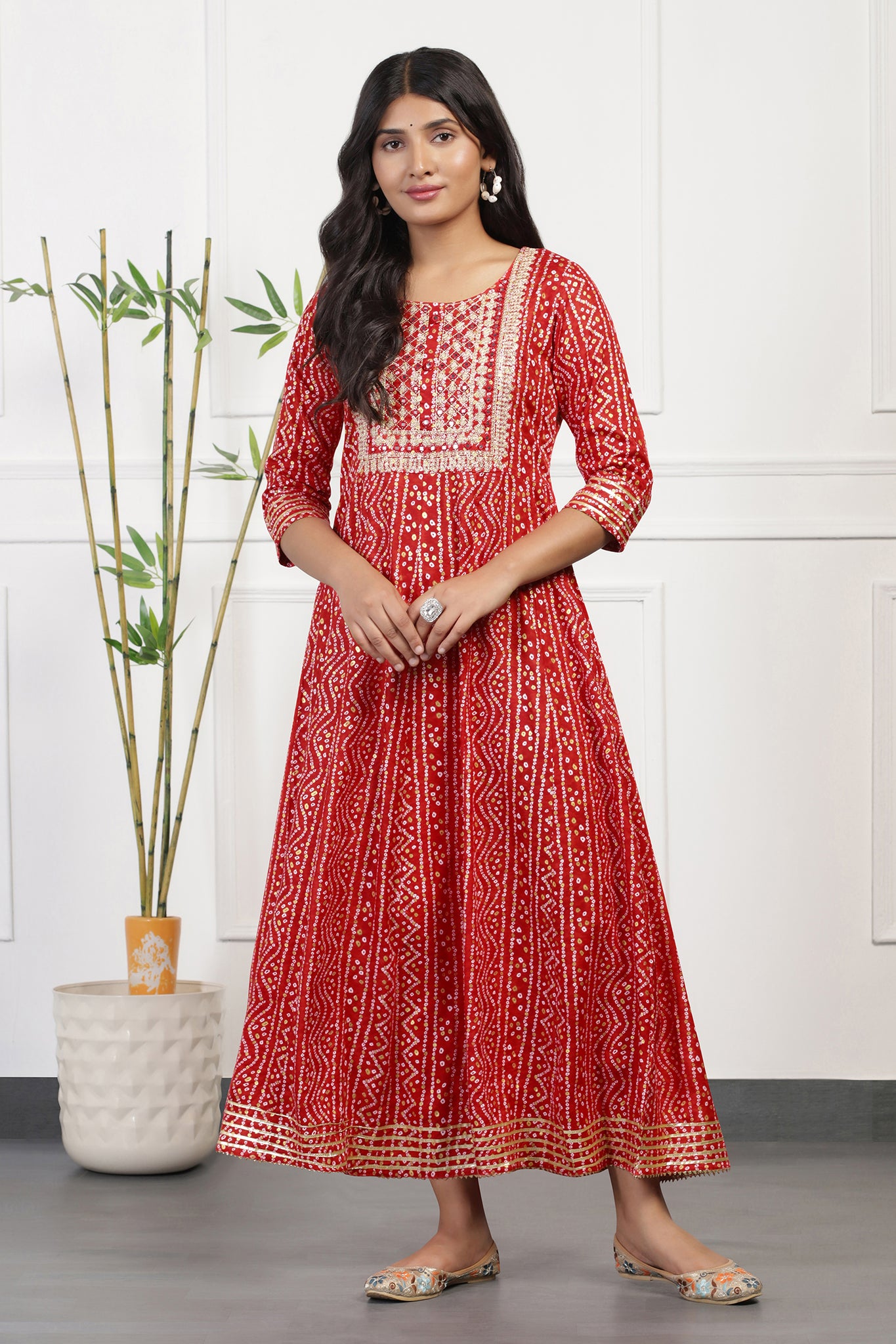 Womens Red Cotton Bandhni Printed Anarkali Maxi Length Kurta