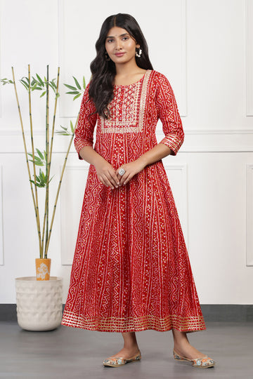 Womens Red Cotton Bandhni Printed Anarkali Maxi Length Kurta