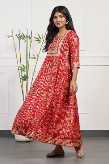 Womens Red Cotton Bandhni Printed Anarkali Maxi Length Kurta