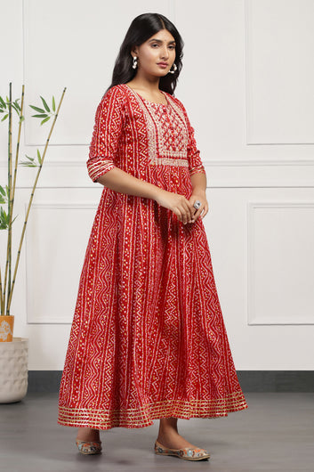 Womens Red Cotton Bandhni Printed Anarkali Maxi Length Kurta