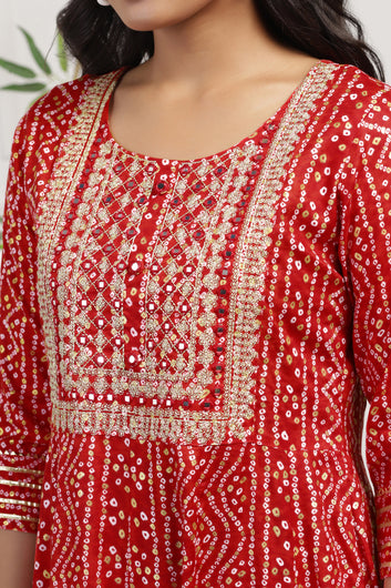 Womens Red Cotton Bandhni Printed Anarkali Maxi Length Kurta