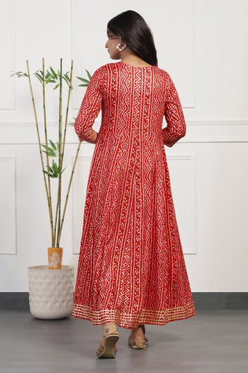 Womens Red Cotton Bandhni Printed Anarkali Maxi Length Kurta