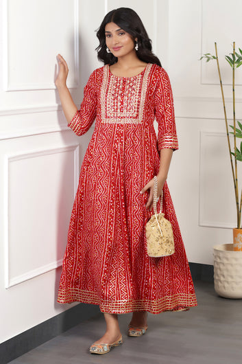 Womens Red Cotton Bandhni Printed Anarkali Maxi Length Kurta