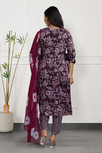 Womens Wine Cotton Floral Printed Calf Length Kurta And Pant With Dupatta Set