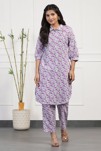 Womens Purple Cotton All-Over Printed Calf Length Kurta With Pant Set