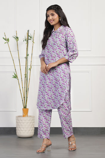 Womens Purple Cotton All-Over Printed Calf Length Kurta With Pant Set