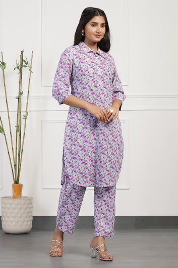 Womens Purple Cotton All-Over Printed Calf Length Kurta With Pant Set