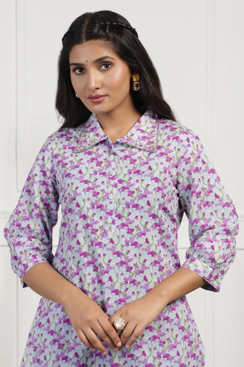 Womens Purple Cotton All-Over Printed Calf Length Kurta With Pant Set