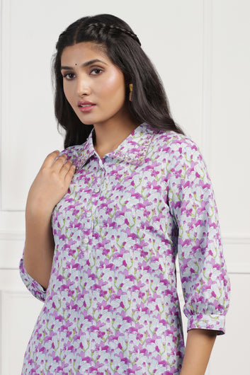 Womens Purple Cotton All-Over Printed Calf Length Kurta With Pant Set