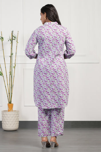 Womens Purple Cotton All-Over Printed Calf Length Kurta With Pant Set