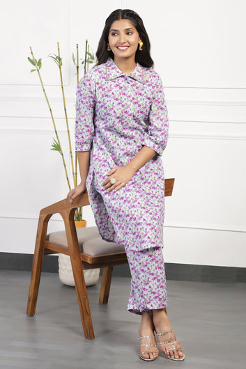 Womens Purple Cotton All-Over Printed Calf Length Kurta With Pant Set