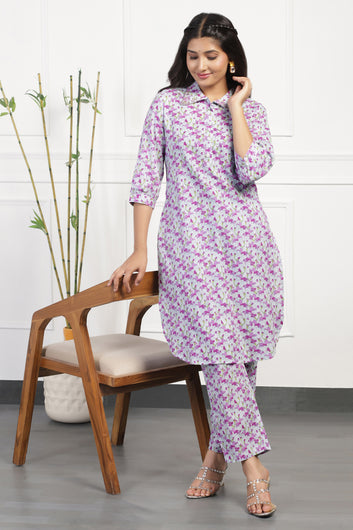 Womens Purple Cotton All-Over Printed Calf Length Kurta With Pant Set