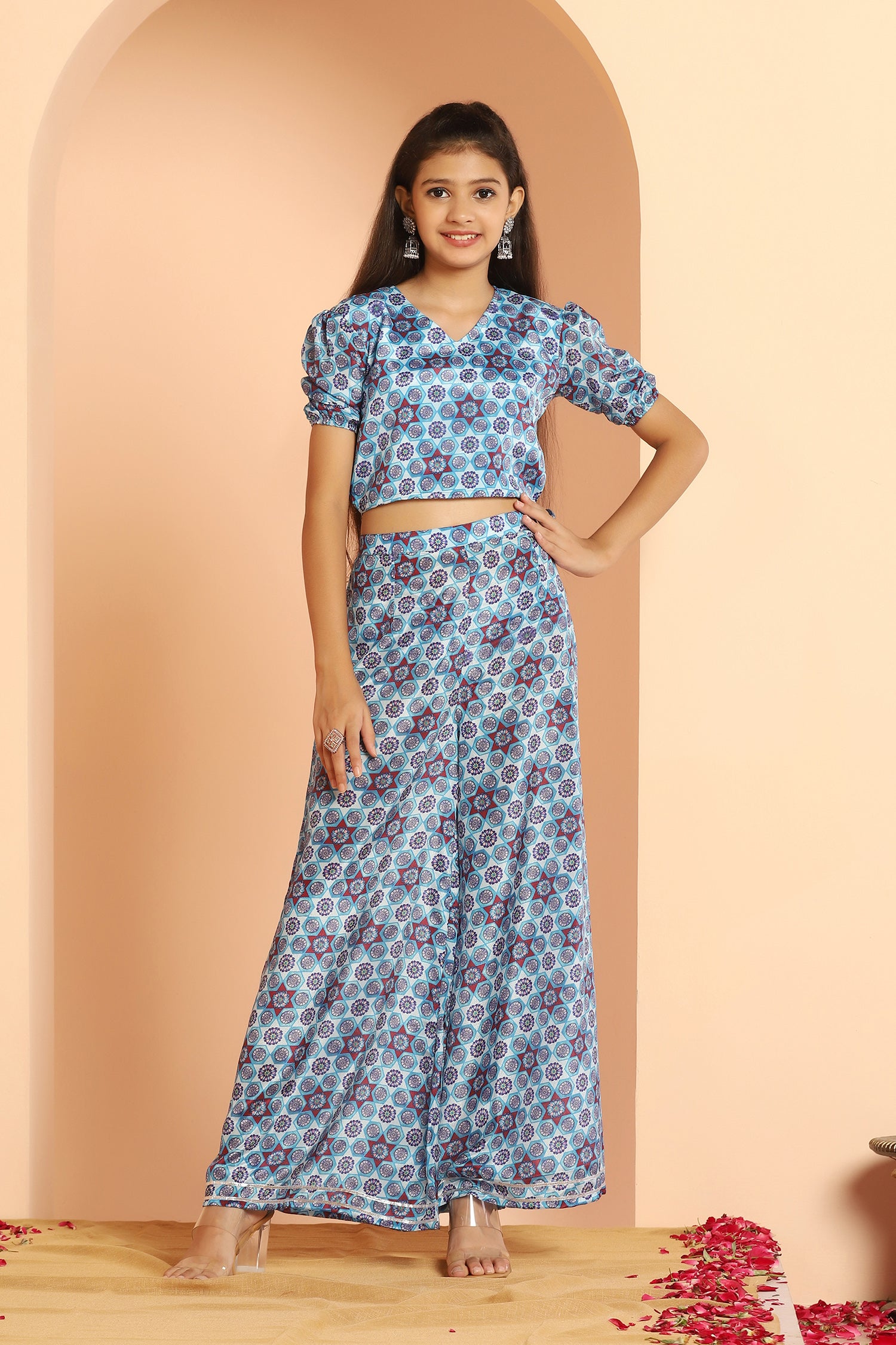 Blue White Electric Polka Top with Palazzo Pants Set – Lilpicks