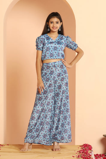 Girls Sky Printed Crop Top With Palazzo Set