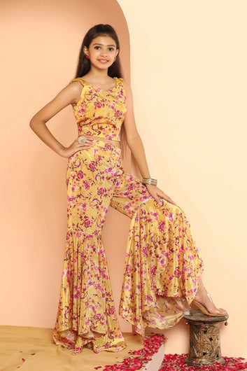 Girls Mustard Chinon Floral Printed Crop Top And Sharara Suit Set