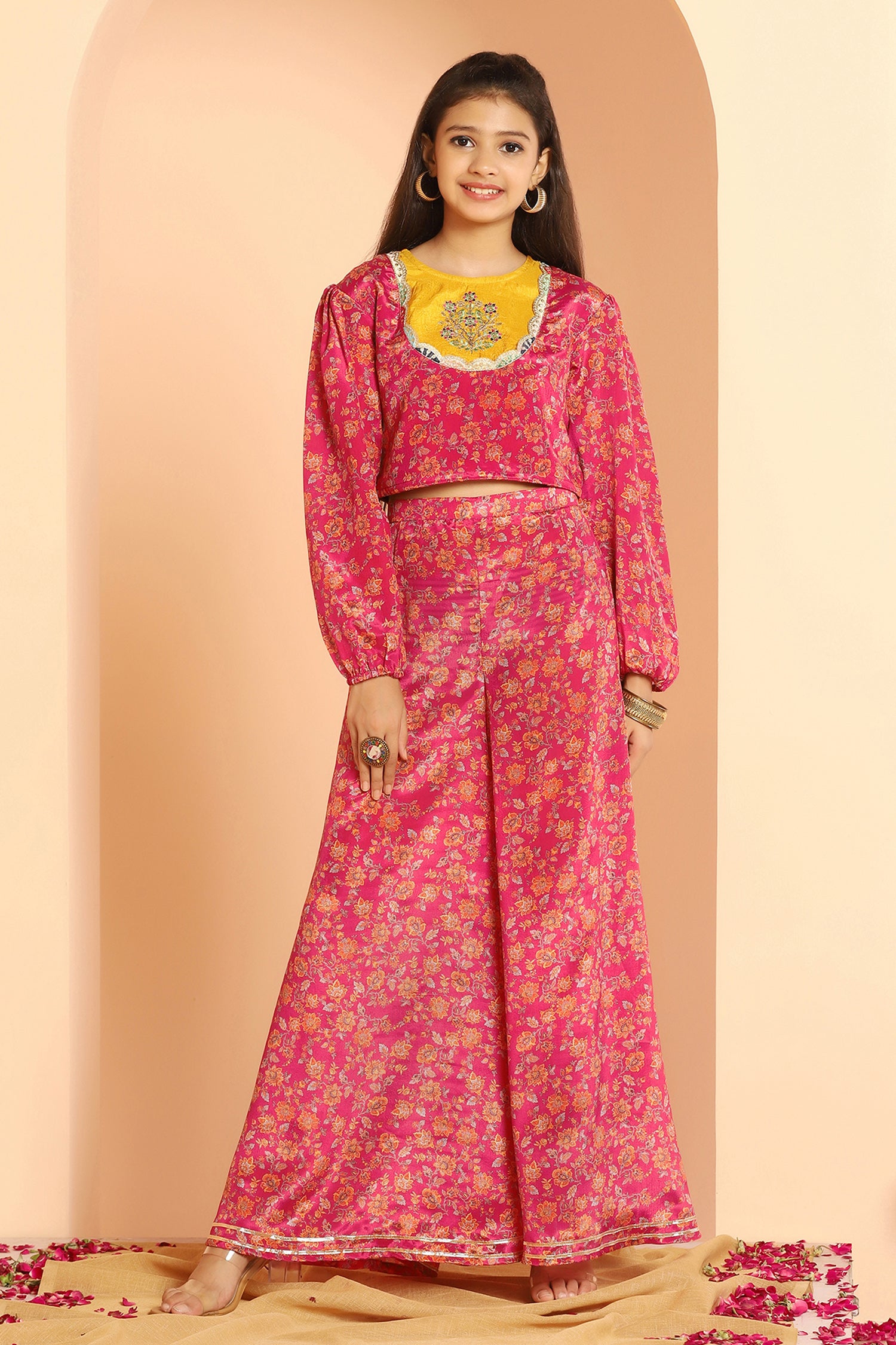Buy Yellow Crop Top Crepe Printed Floral Motifs Cape And Palazzo Set For  Women by Palak & Mehak Online at Aza Fashions.