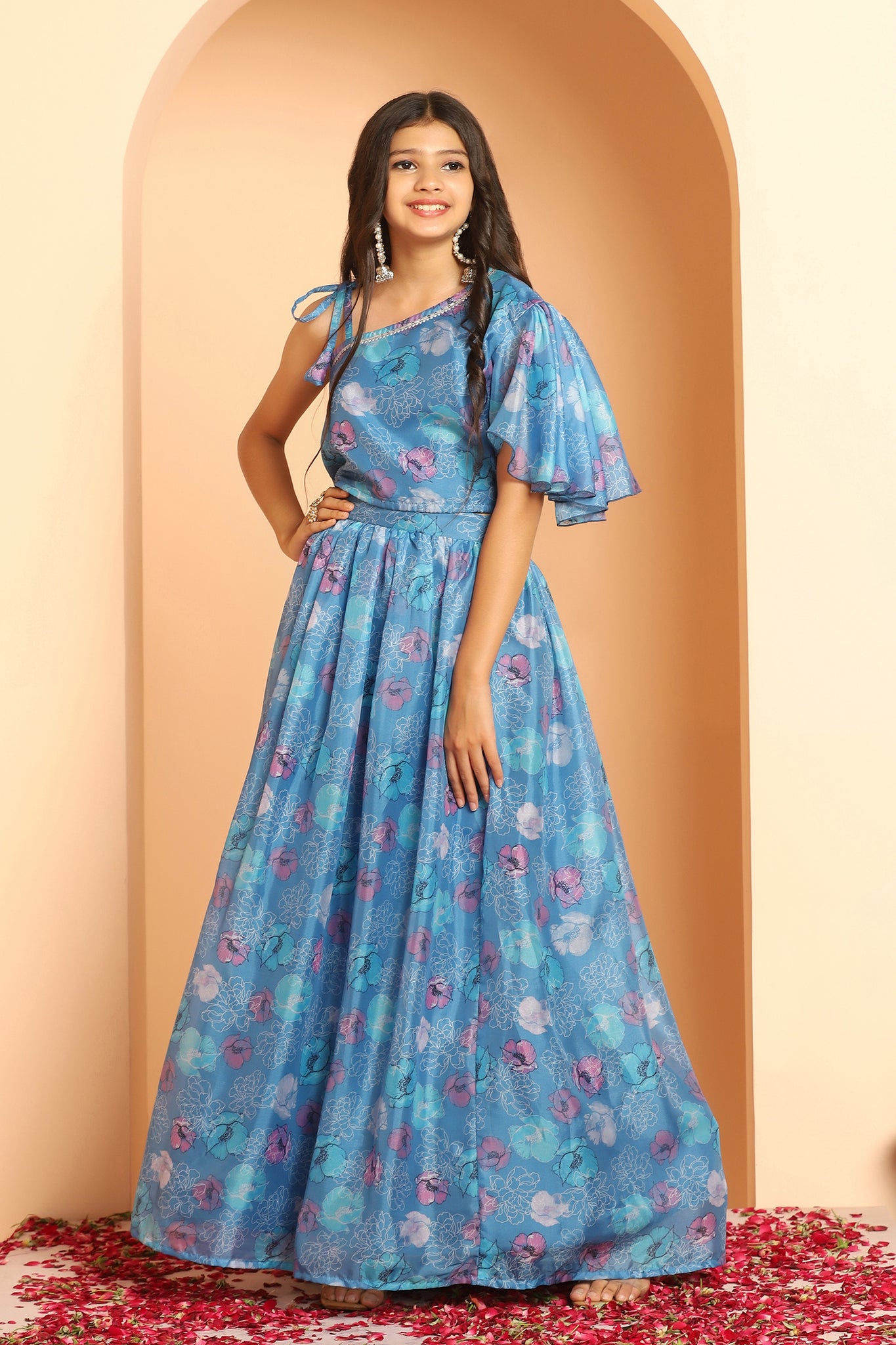 Girls Sky Blue Tabby Silk Floral Printed Lehenga Choli Set
