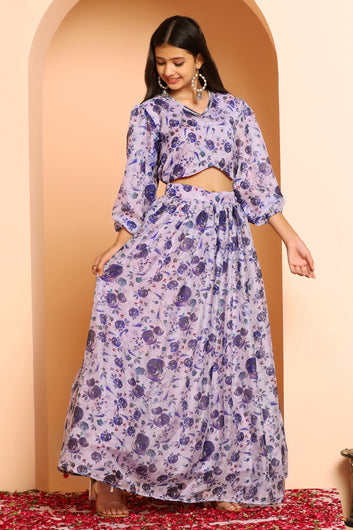 Girls Purple Tabby Silk Floral Printed Lehenga Choli Set