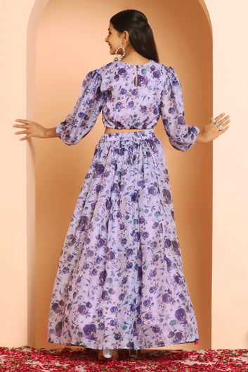 Girls Purple Tabby Silk Floral Printed Lehenga Choli Set