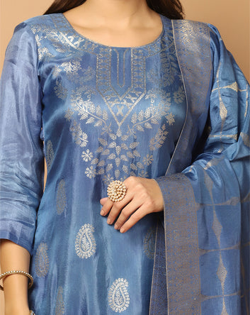 Women's Powder Blue Dola Silk Jacquard Work Kurta Set With Dupatta