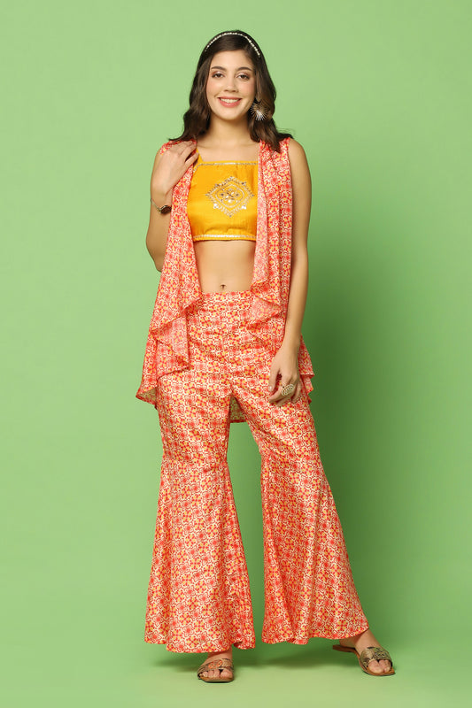 Women’s Ethnic Crop Top And Sharara Set With Shrug