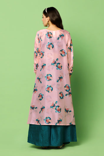 Women's Rama Dola Silk Crop Top And Palazzo Set With Long Shrug