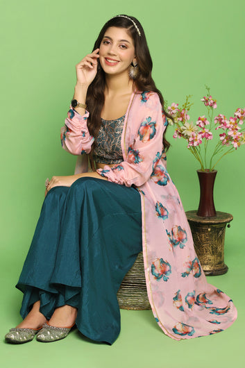 Women's Rama Dola Silk Crop Top And Palazzo Set With Long Shrug