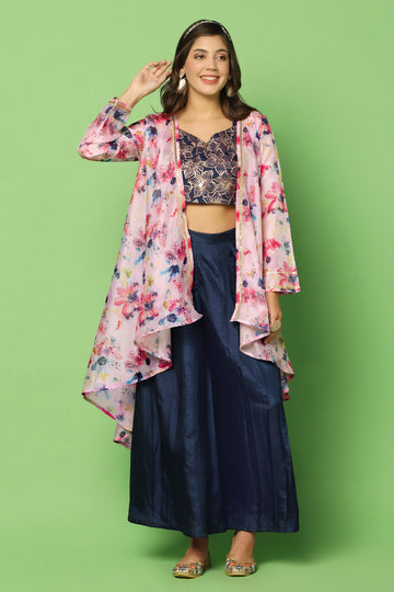 Women’s Navy Blue Embroidered Crop Top And Palazzo Set With Floral Printed Shrug