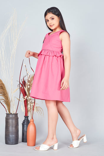 Girls Pink Embroidered Fit And Flare Dress