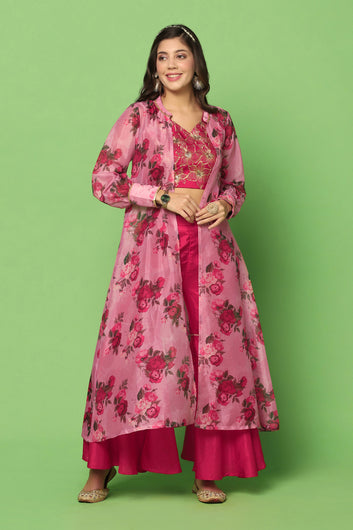Women’s Rani Pink Embroidered Crop Top And Sharara Set With Floral Printed Shrug