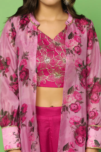 Women’s Rani Pink Embroidered Crop Top And Sharara Set With Floral Printed Shrug