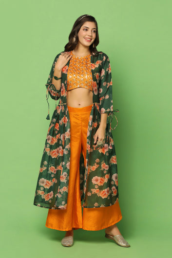 Women’s Embroidered Crop Top And Palazzo Set With Floral Printed Shrug