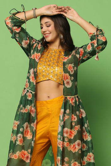 Women’s Embroidered Crop Top And Palazzo Set With Floral Printed Shrug