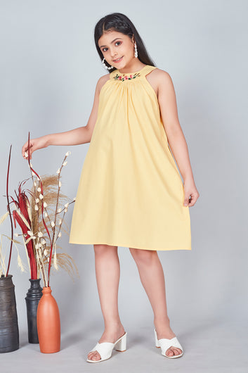 Girls Yellow Embroidered Shift Dress