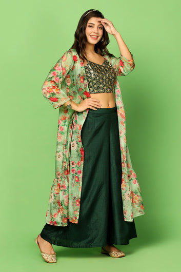 Women’s Bottel Green Embroidered Crop Top And Palazzo Set With Floral Printed Shrug