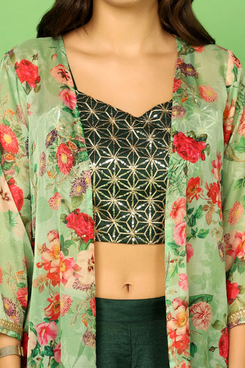 Women’s Bottel Green Embroidered Crop Top And Palazzo Set With Floral Printed Shrug