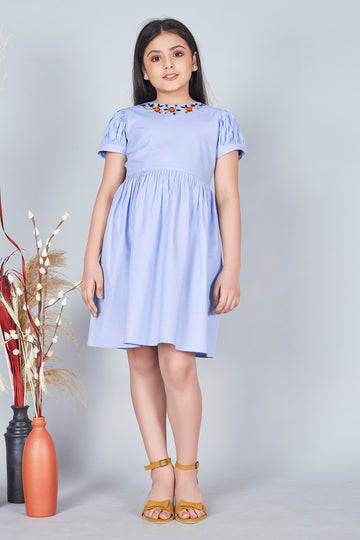 Girls Sky Blue Embroidered Gathered Dress