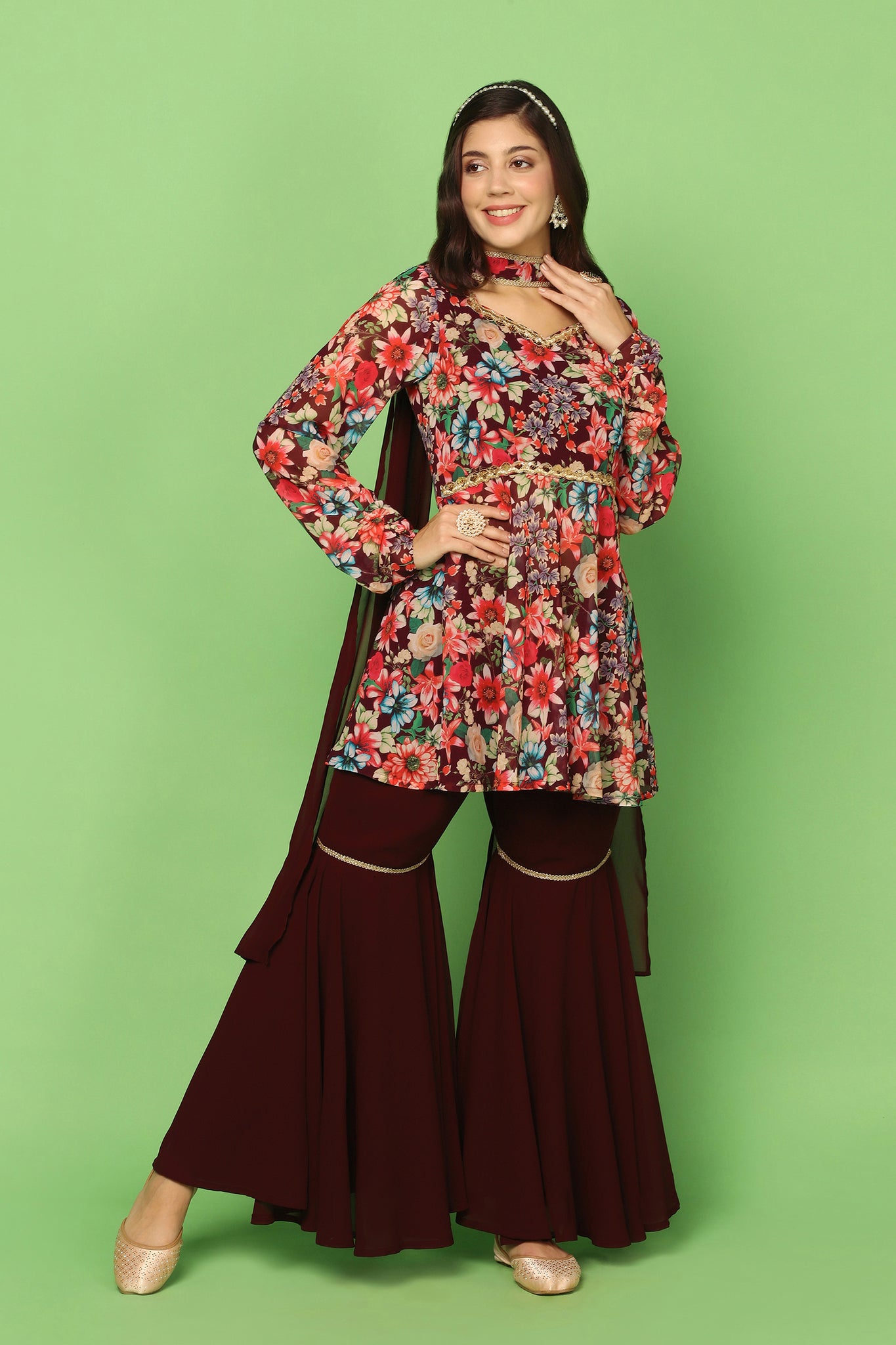 Women’s Coffee Georgette Floral Printed Top, Sharara And Dupatta Set