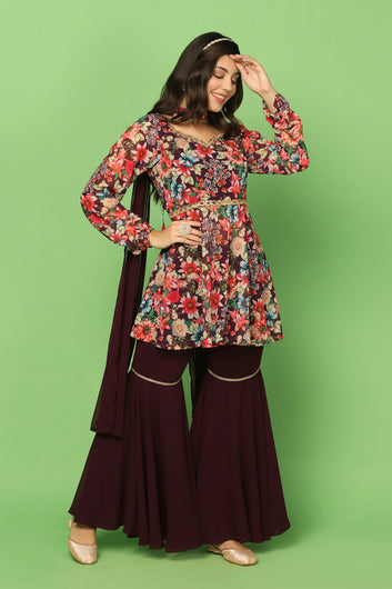 Women’s Coffee Georgette Floral Printed Top, Sharara And Dupatta Set