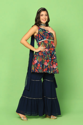 Women’s Navy Blue Georgette Floral Printed Top, Sharara And Dupatta Set