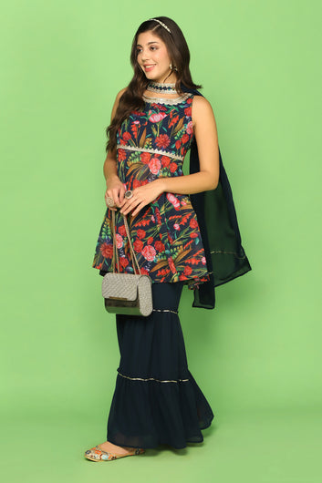 Women’s Navy Blue Georgette Floral Printed Top, Sharara And Dupatta Set