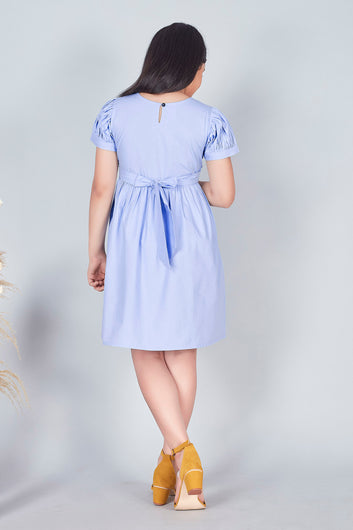 Girls Sky Blue Embroidered Gathered Dress