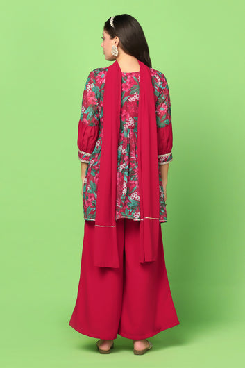 Women’s Maroon Georgette Floral Printed Top, Palazzo And Dupatta Set